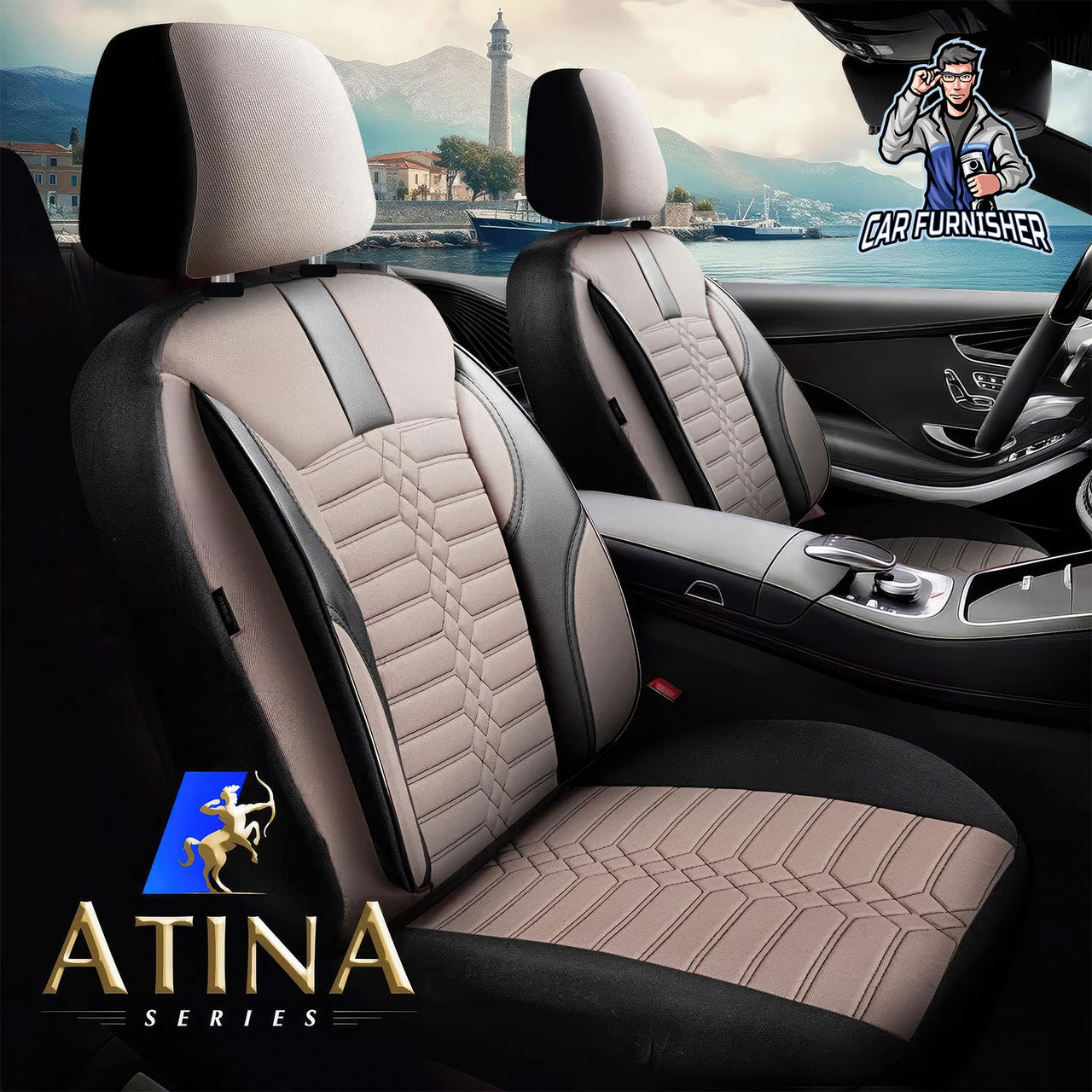 Skoda Superb Seat Covers Athens Design Beige 5 Seats + Headrests (Full Set) Leather & Jacquard Fabric