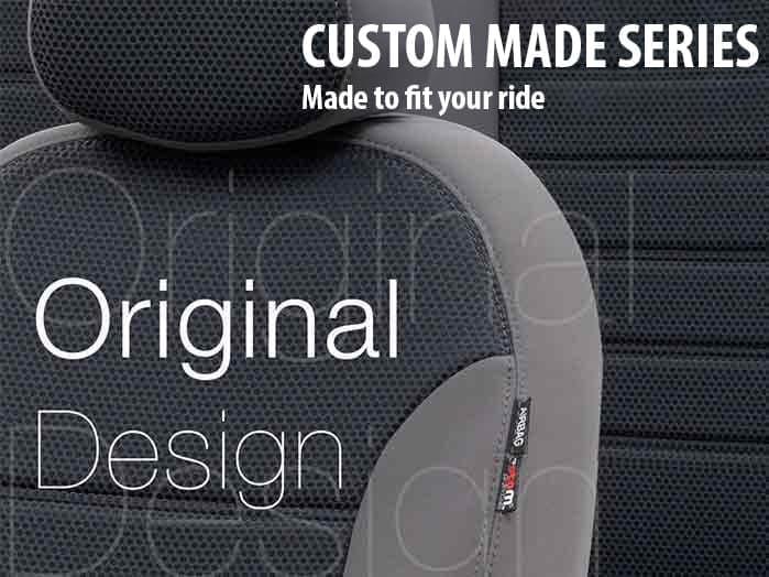 A display of sophisticated seat covers in a car interior.