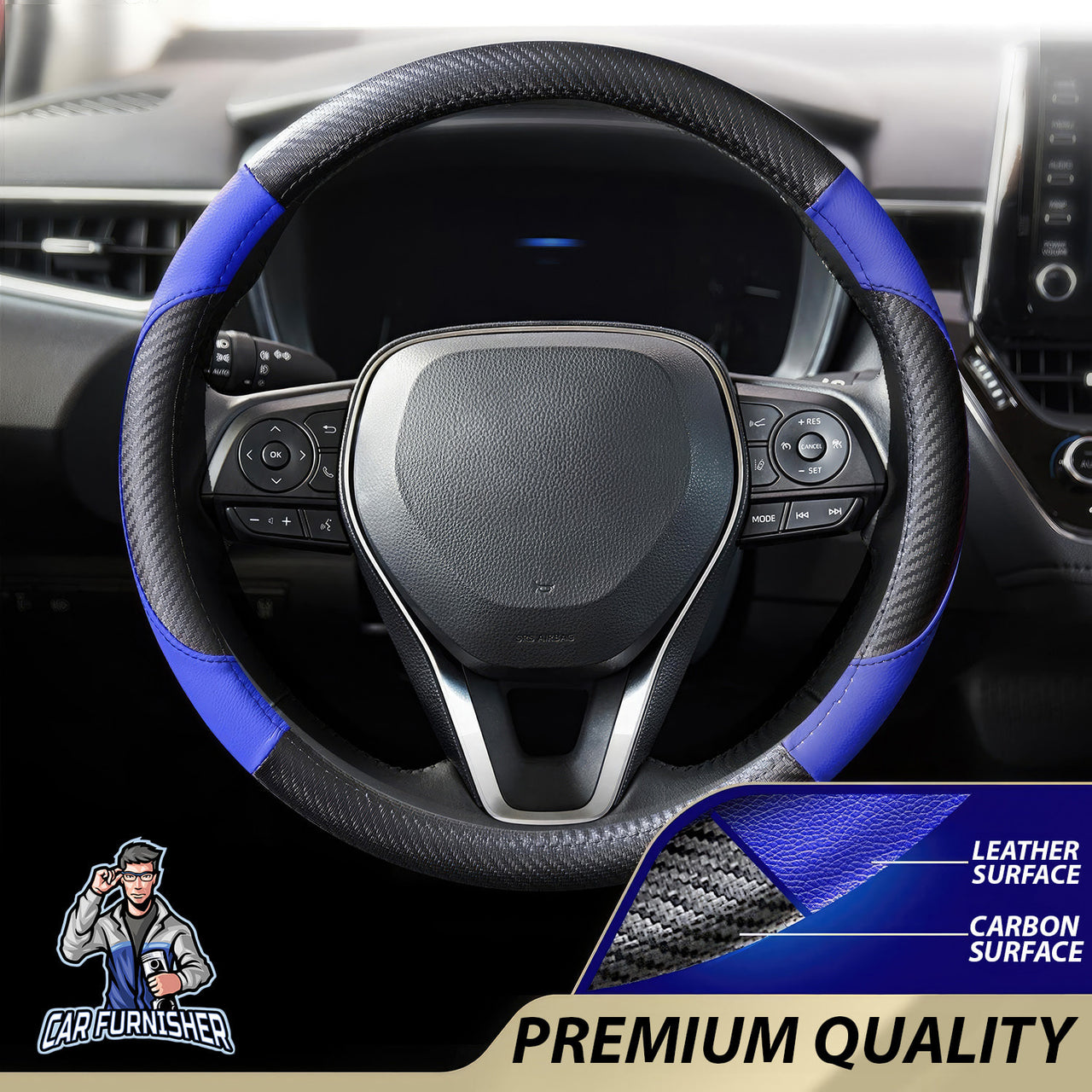 Steering Wheel Cover - Leather & Carbon Blue Leather & Carbonfiber