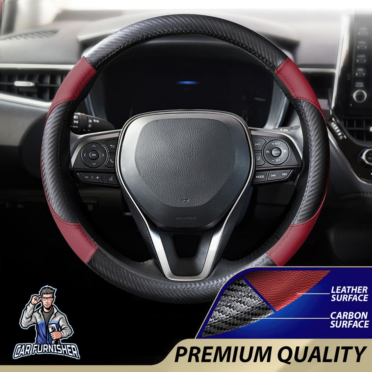 Steering Wheel Cover - Leather & Carbon Burgundy Leather & Carbonfiber