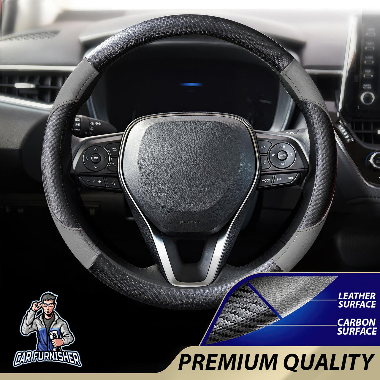 Steering Wheel Cover - Leather & Carbon Gray Leather & Carbonfiber
