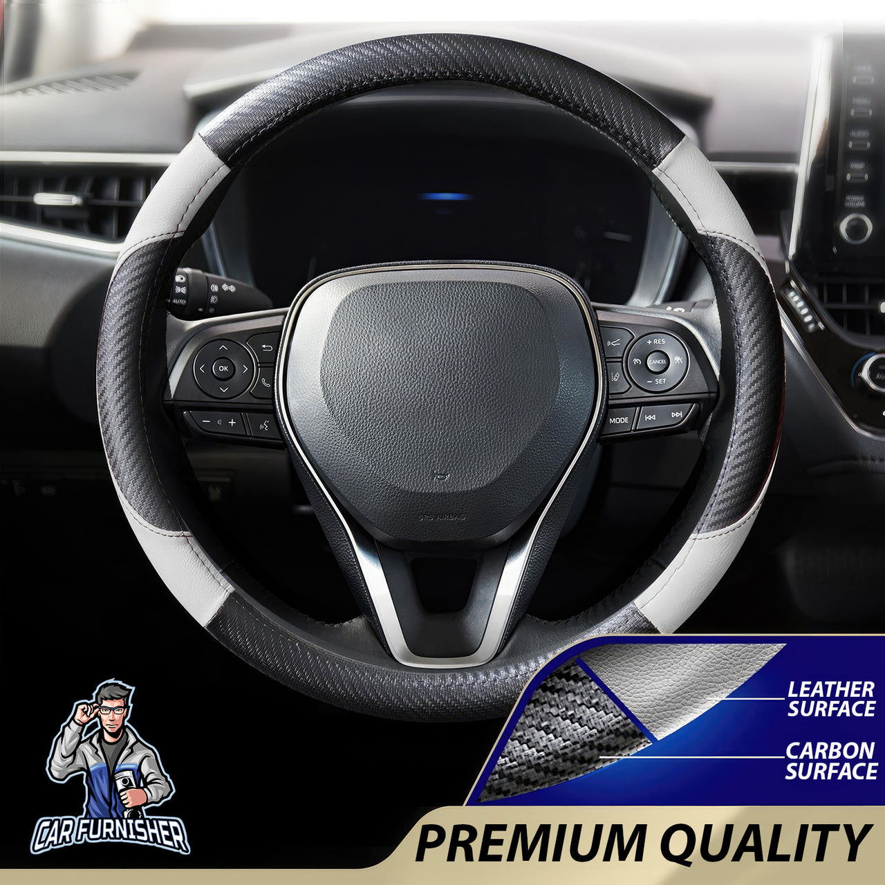 Steering Wheel Cover - Leather & Carbon White Leather & Carbonfiber