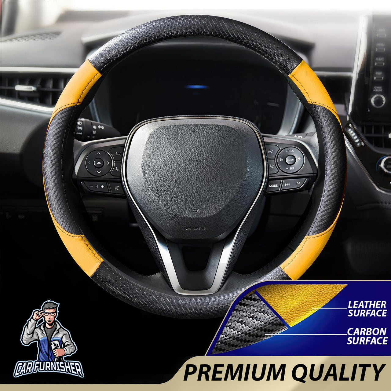 Steering Wheel Cover - Leather & Carbon Yellow Leather & Carbonfiber