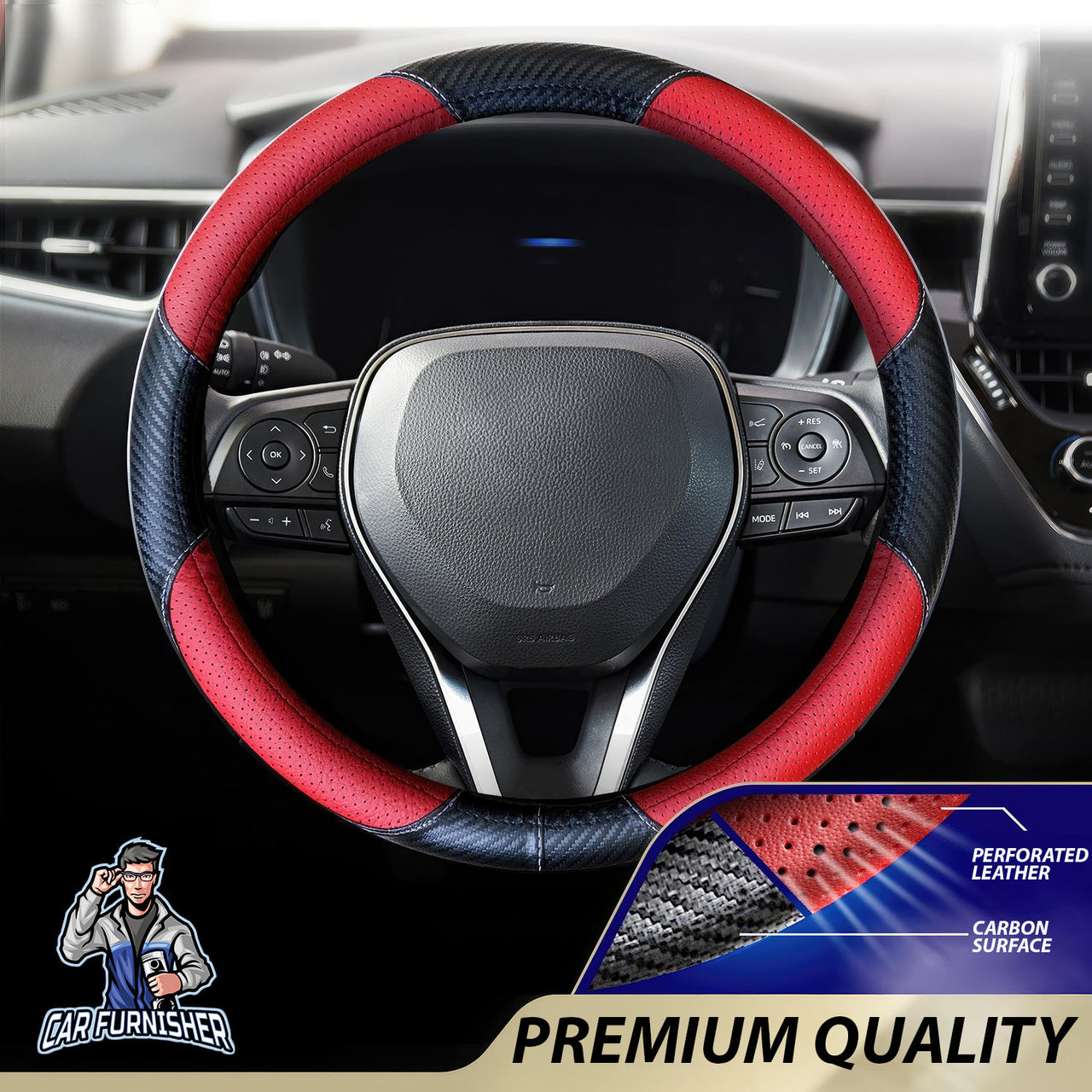 Steering Wheel Cover - Perforated Leather & Carbon Red Leather & Carbonfiber