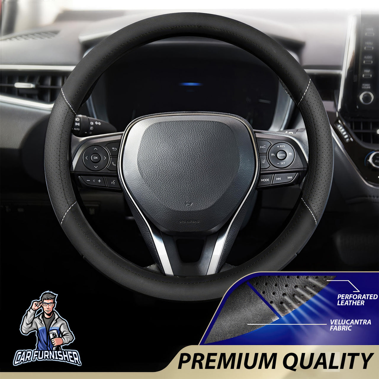 Steering Wheel Cover - Perforated Leather & Velour Fabric Black Leather & Fabric