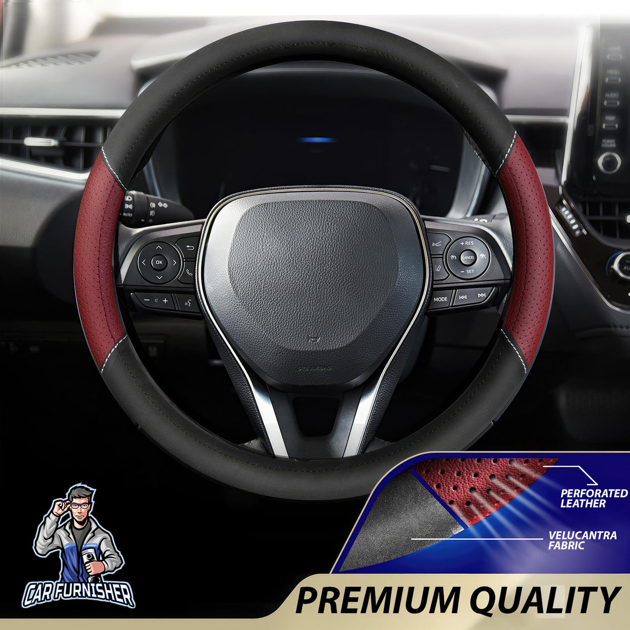 Steering Wheel Cover - Perforated Leather & Velour Fabric Burgundy Leather & Fabric