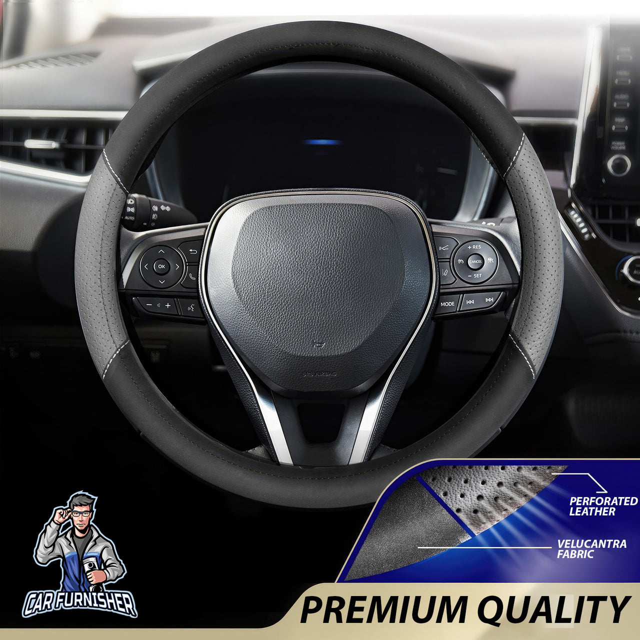 Steering Wheel Cover - Perforated Leather & Velour Fabric Gray Leather & Fabric