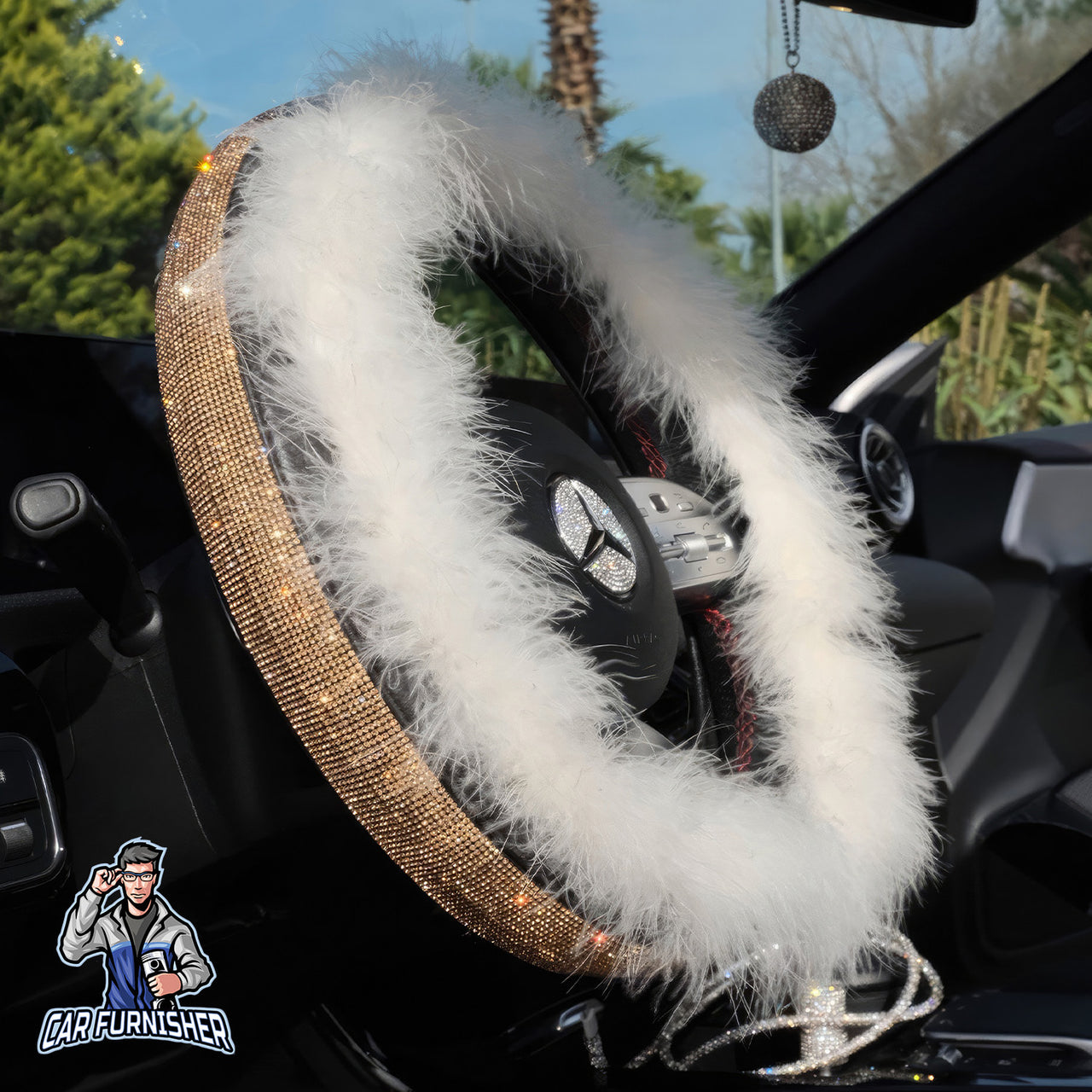 Sparkling Luxury Soft Feather Steering Wheel Cover | Swarovski Gold - White Leather & Fabric