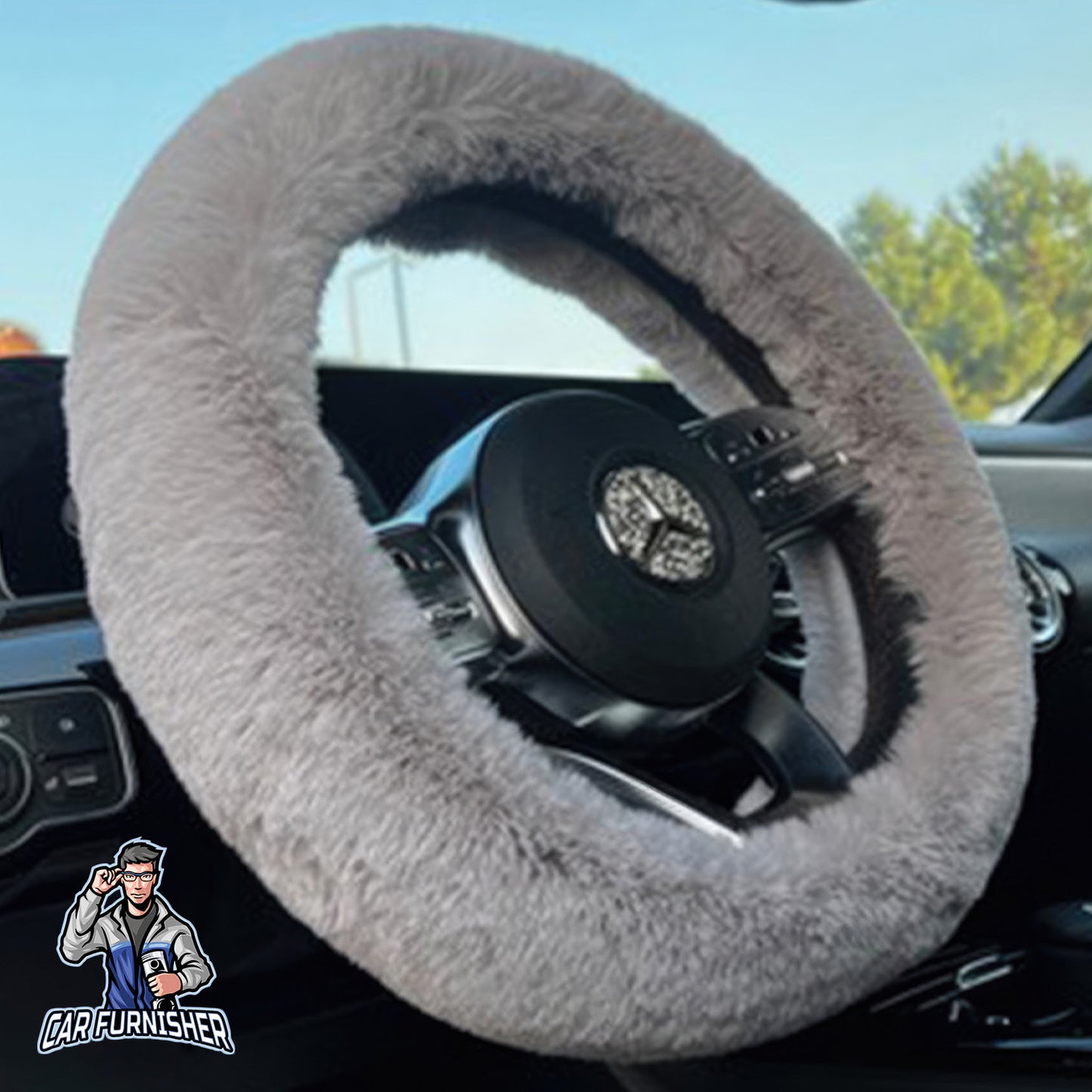 Fluffy Plush Steering Wheel Cover | Extra Soft Gray Fabric
