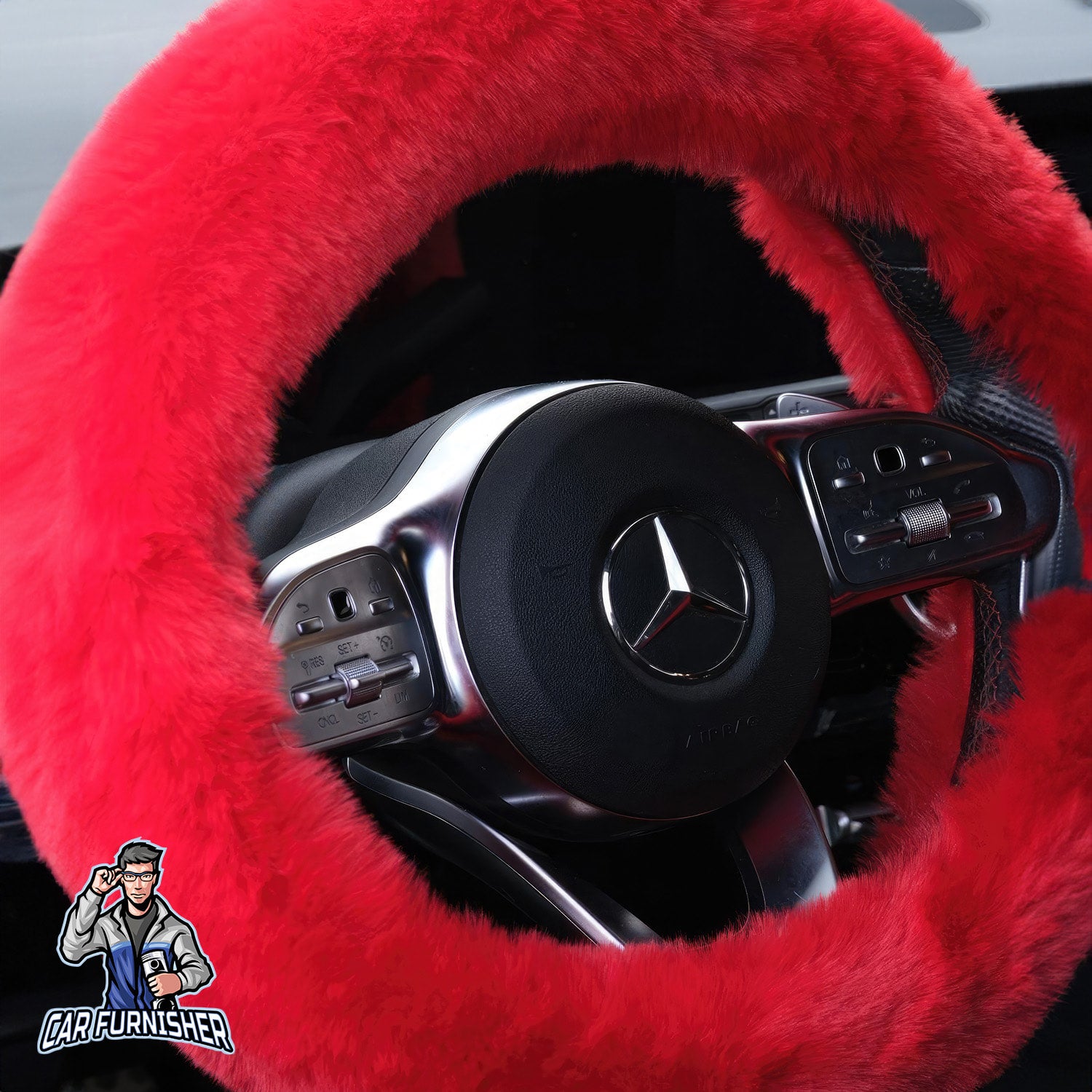 Fluffy Plush Steering Wheel Cover | Extra Soft Red Fabric