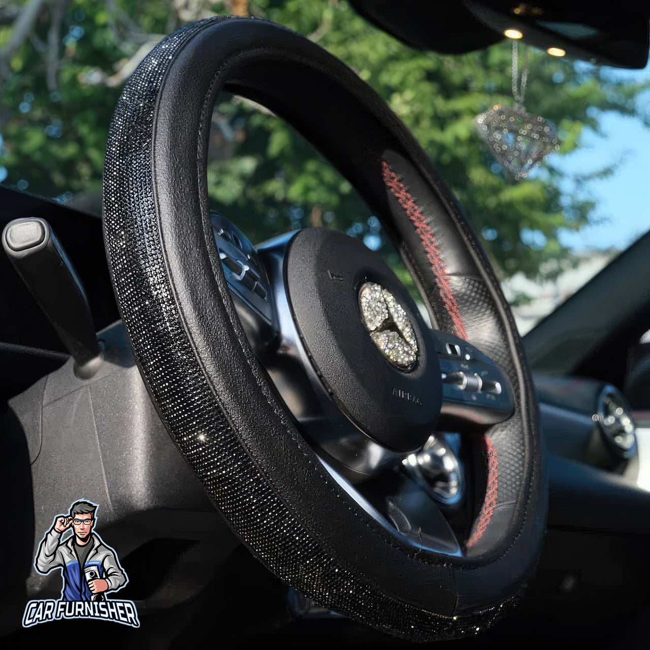 Sparkling Luxury Bling Steering Wheel Cover | Swarovski Crystals Black Leather & Fabric