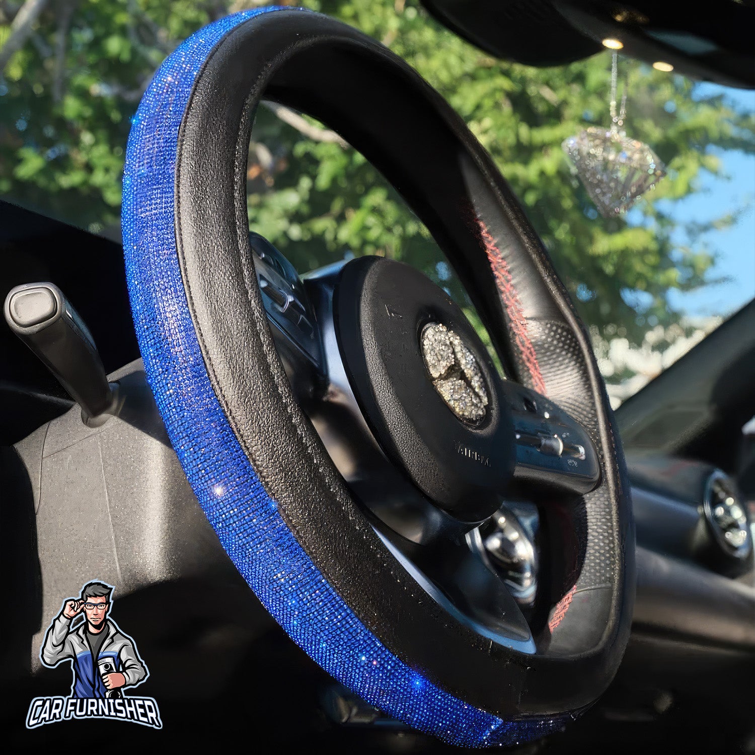 Sparkling Luxury Bling Steering Wheel Cover | Swarovski Crystals Dark Blue Leather & Fabric