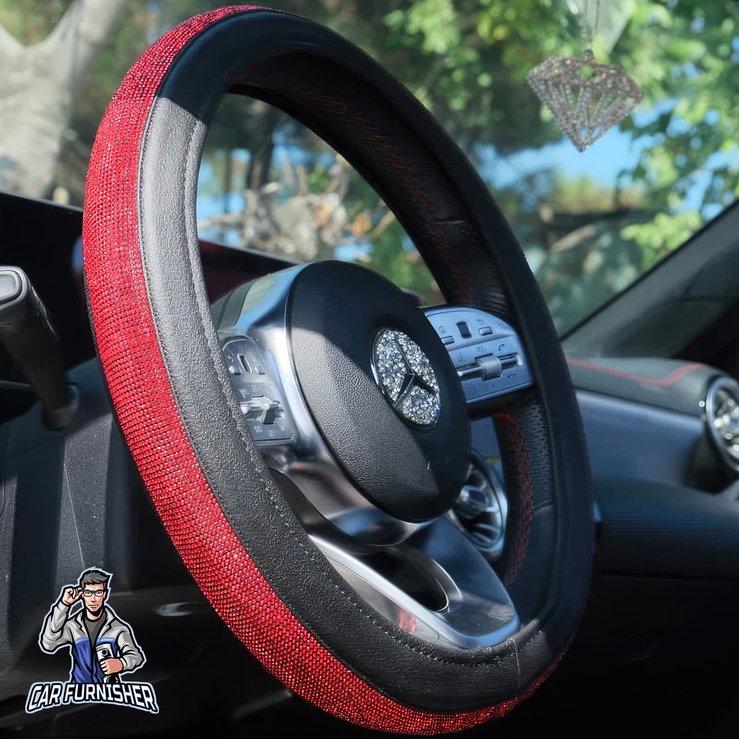 Sparkling Luxury Bling Steering Wheel Cover | Swarovski Crystals Red Leather & Fabric