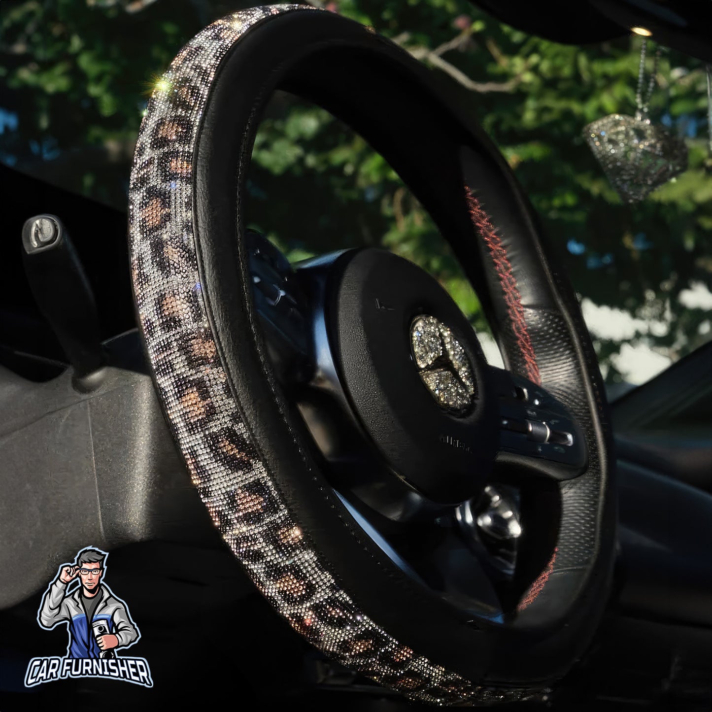 Sparkling Luxury Bling Steering Wheel Cover | Swarovski Crystals Leopard Leather & Fabric