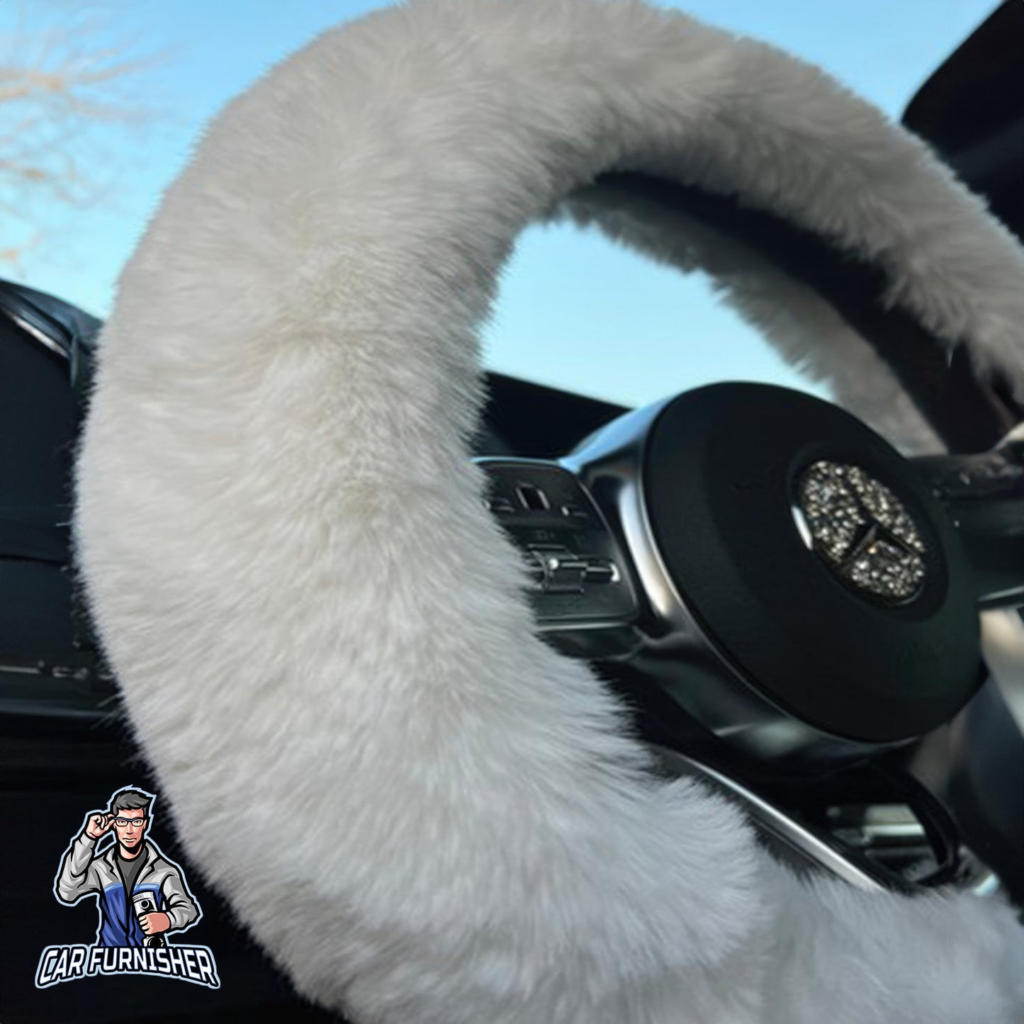 Fluffy Plush Steering Wheel Cover | Extra Soft White Fabric
