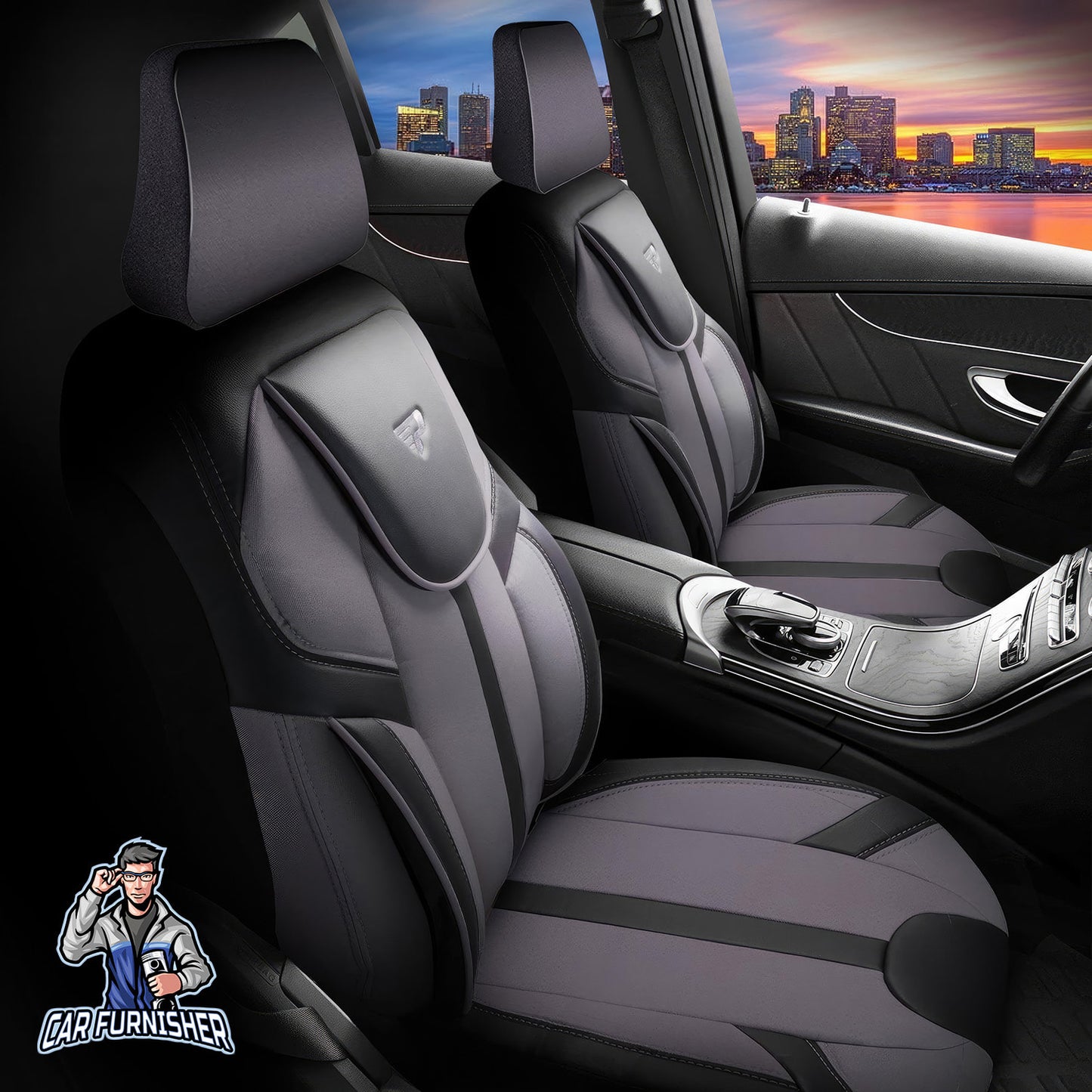 Car Seat Cover Set - Cappadocia Design Smoked 5 Seats + Headrests (Full Set) Leather & Jacquard Fabric