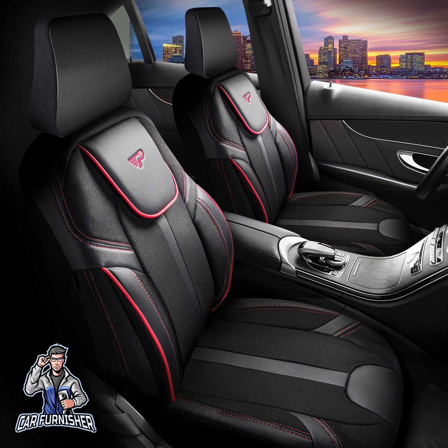 Car Seat Cover Set - Cappadocia Design Red 5 Seats + Headrests (Full Set) Leather & Jacquard Fabric