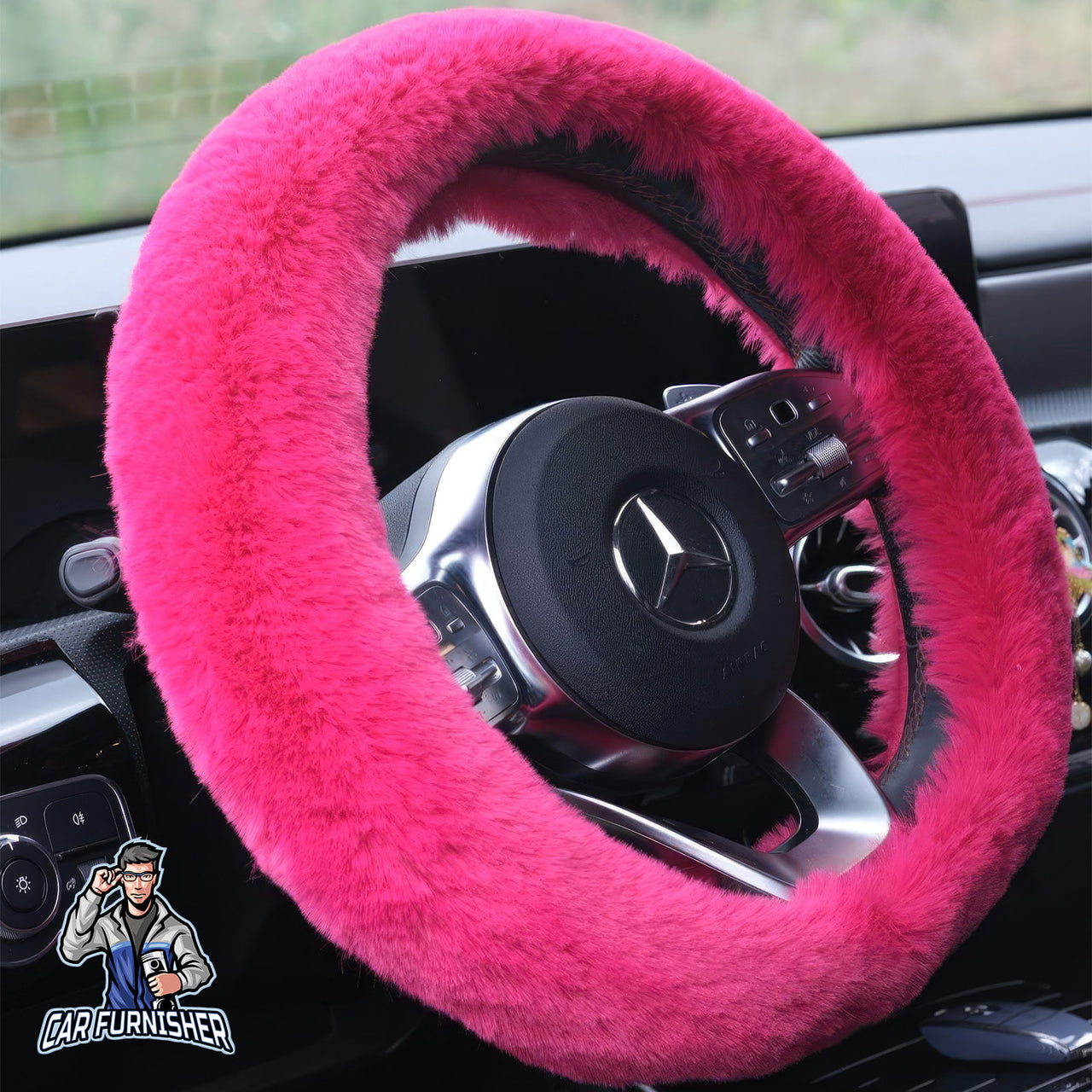 Fluffy Plush Steering Wheel Cover | Extra Soft Fuchsia Fabric