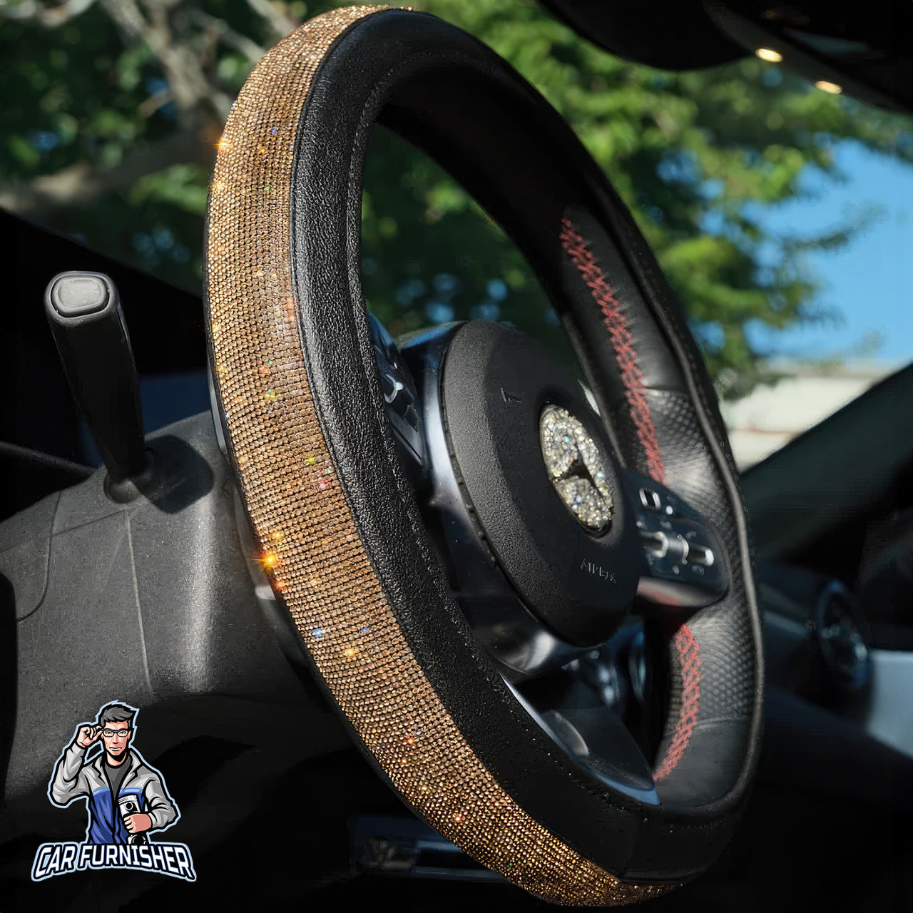 Sparkling Luxury Bling Steering Wheel Cover | Swarovski Crystals Gold Leather & Fabric