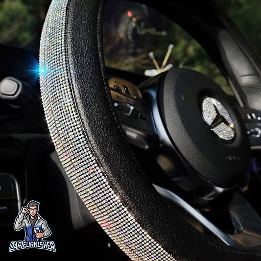 Sparkling Luxury Bling Steering Wheel Cover | Swarovski Crystals Silver Leather & Fabric
