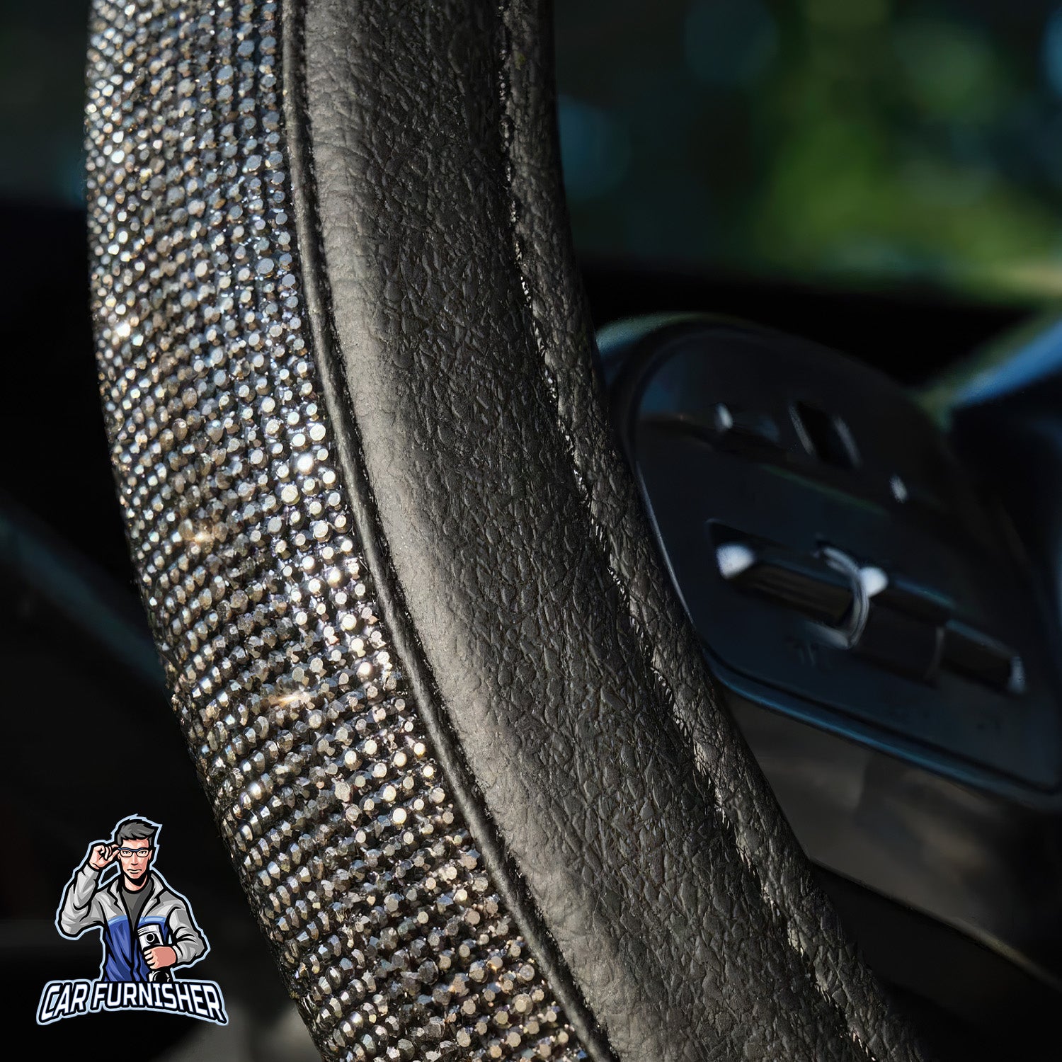 Sparkling Luxury Bling Steering Wheel Cover | Swarovski Crystals Gray Leather & Fabric