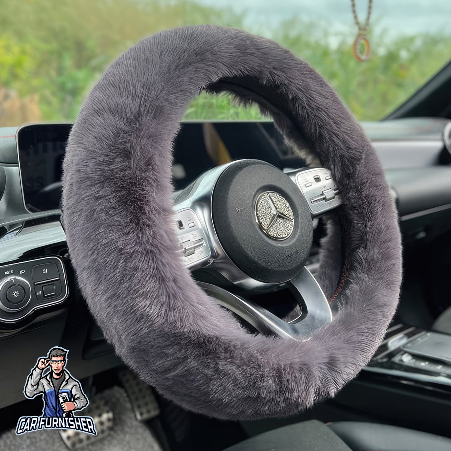 Fluffy Plush Steering Wheel Cover | Extra Soft Smoked Black Fabric