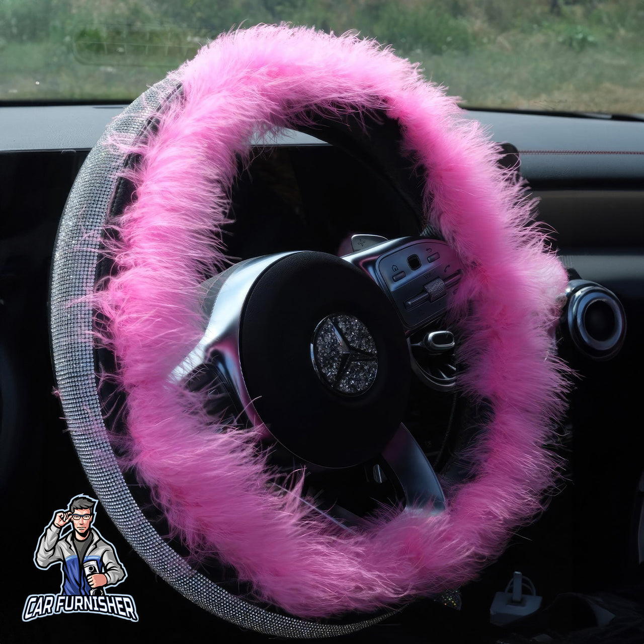 Sparkling Luxury Soft Feather Steering Wheel Cover | Swarovski Silver - Pink Leather & Fabric