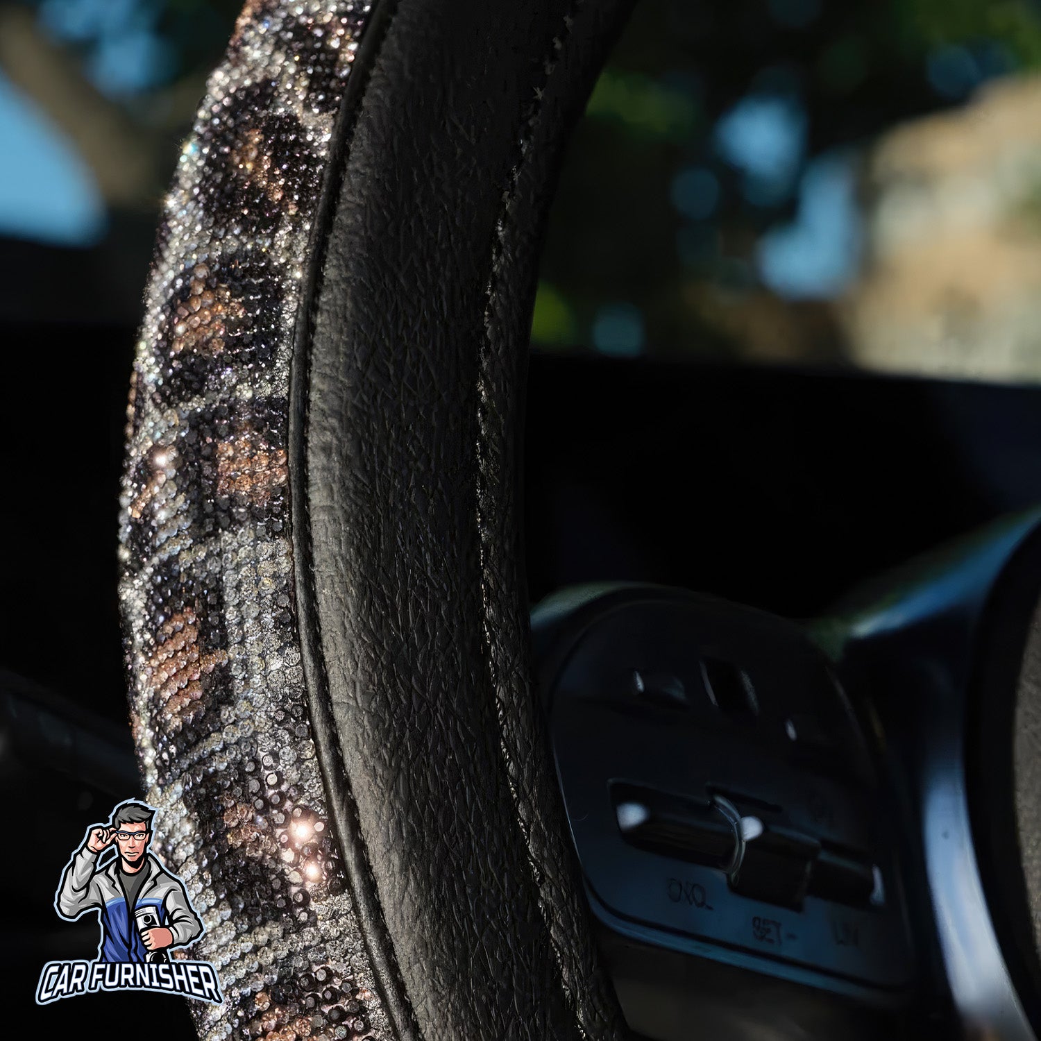Sparkling Luxury Bling Steering Wheel Cover | Swarovski Crystals Leopard Leather & Fabric