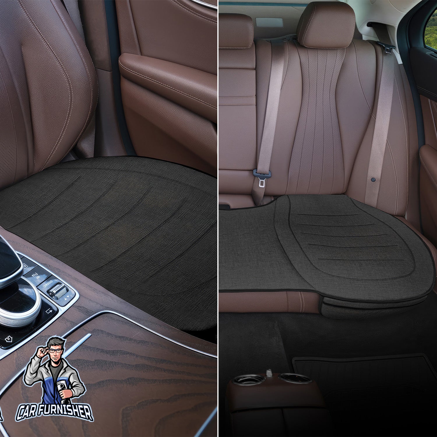 Car Seat Protector - Premium Linen Design Black Bottom Set (2x Front Bottom 1x Back Bottom) Linen Fabric