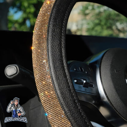 Sparkling Luxury Bling Steering Wheel Cover | Swarovski Crystals Gold Leather & Fabric