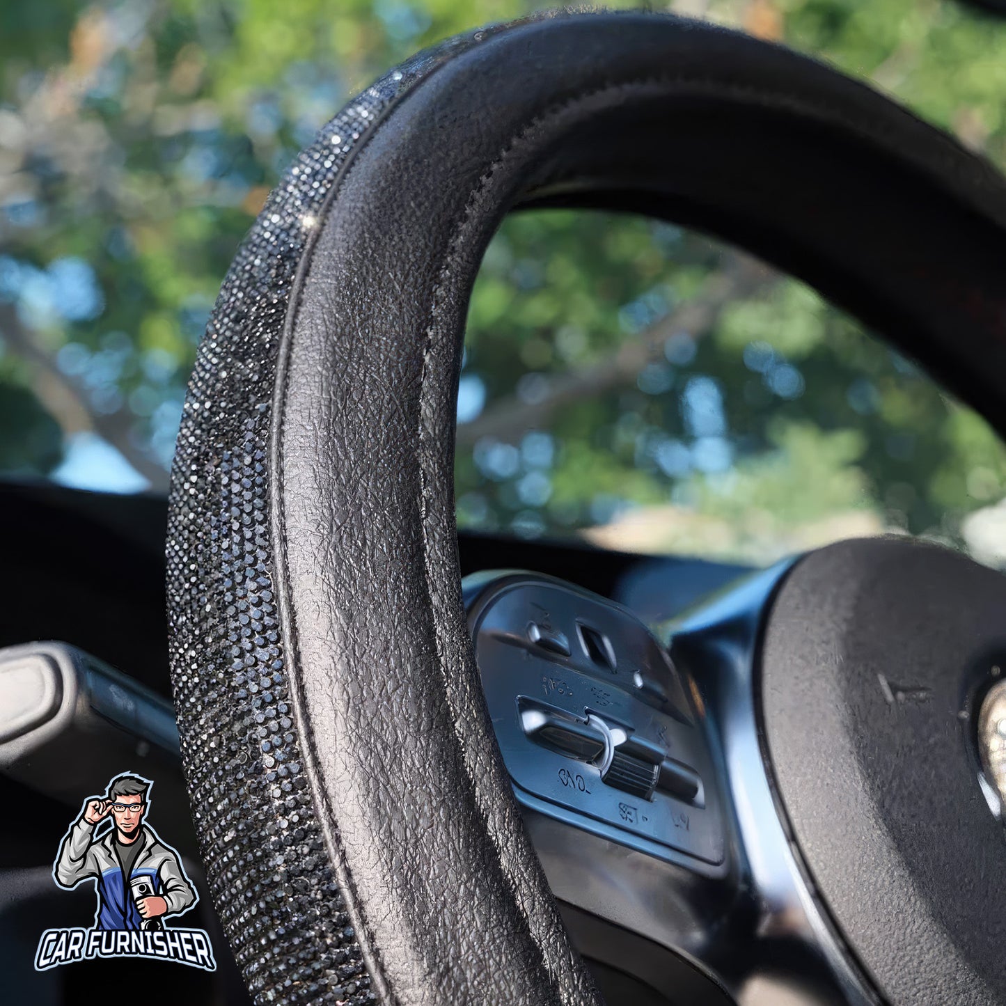 Sparkling Luxury Bling Steering Wheel Cover | Swarovski Crystals Black Leather & Fabric