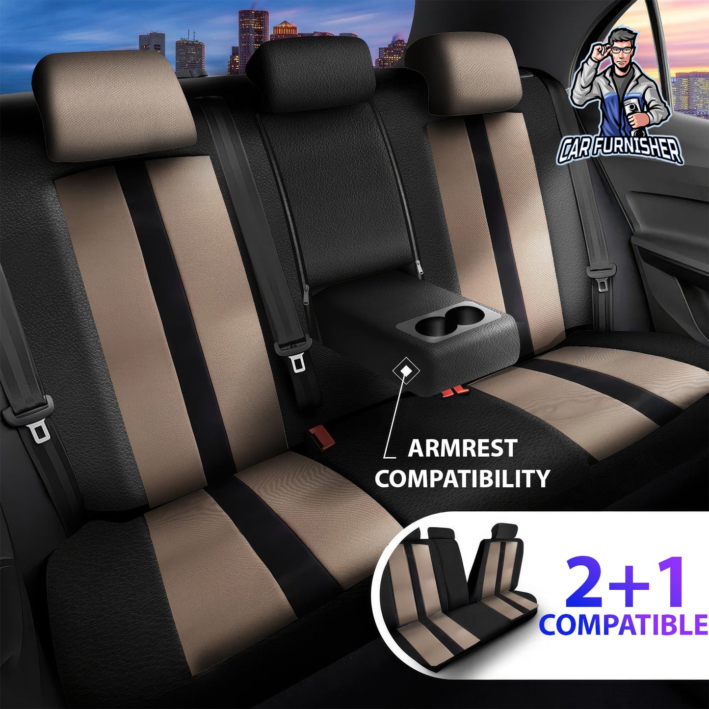 Car Seat Cover Set - Cappadocia Design Beige 5 Seats + Headrests (Full Set) Leather & Jacquard Fabric