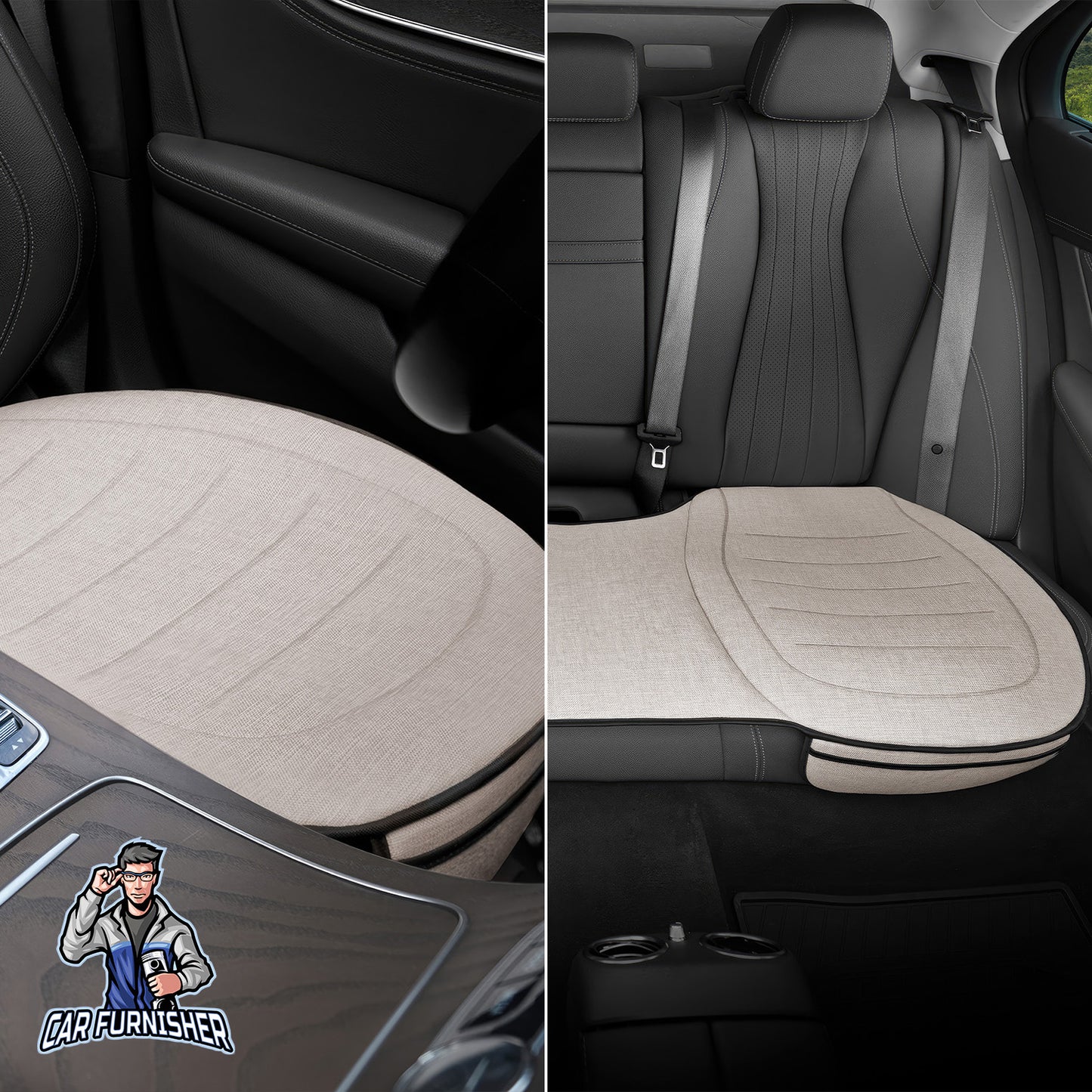 Car Seat Protector - Premium Linen Design Beige Bottom Set (2x Front Bottom 1x Back Bottom) Linen Fabric