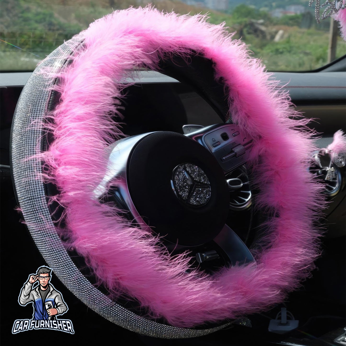 Sparkling Luxury Soft Feather Steering Wheel Cover | Swarovski Silver - Pink Leather & Fabric