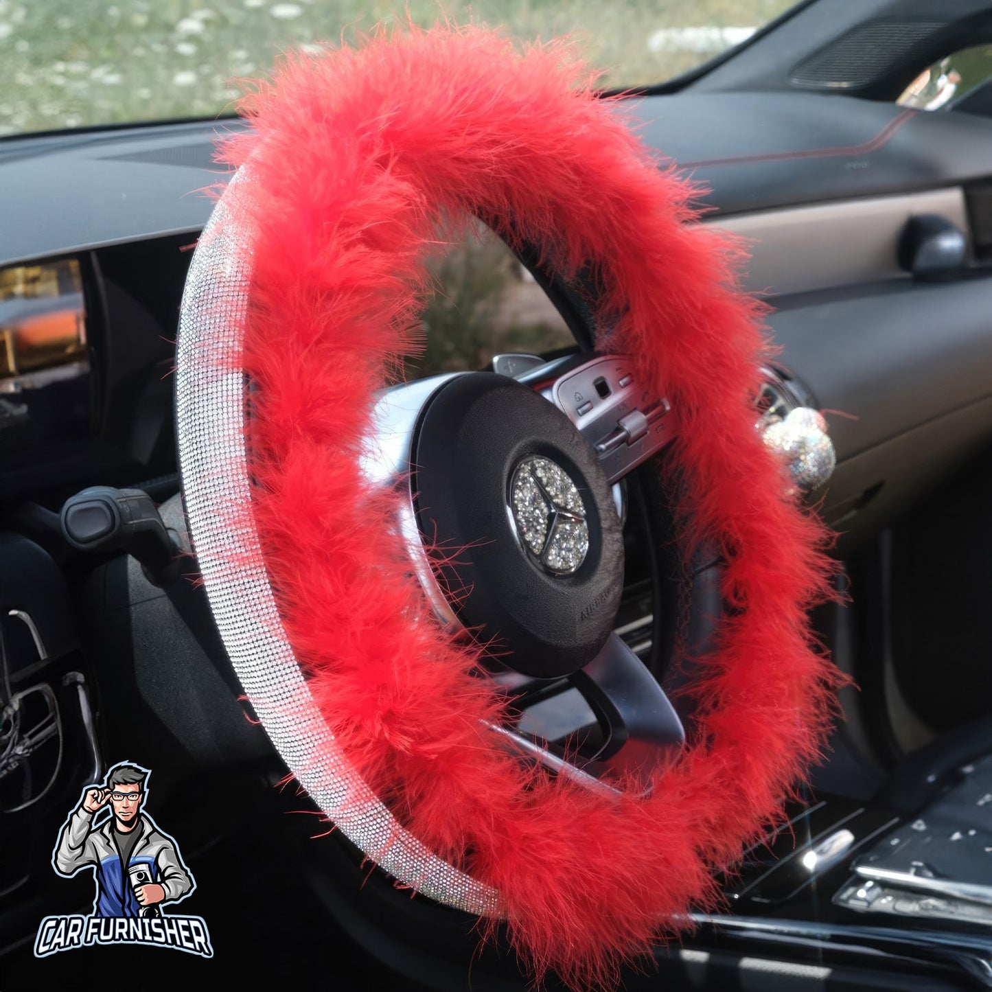Sparkling Luxury Soft Feather Steering Wheel Cover | Swarovski Silver - Red Leather & Fabric