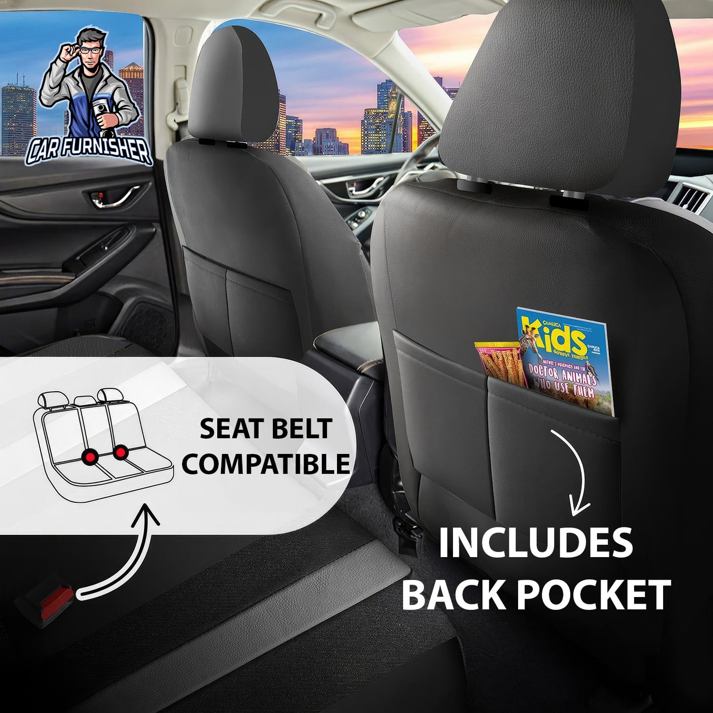 Car Seat Cover Set - Cappadocia Design Black 5 Seats + Headrests (Full Set) Leather & Jacquard Fabric