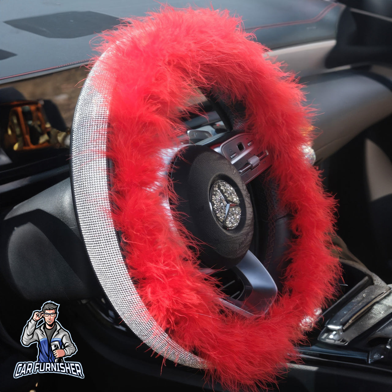 Sparkling Luxury Soft Feather Steering Wheel Cover | Swarovski Silver - Red Leather & Fabric