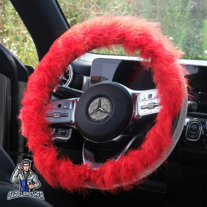 Sparkling Luxury Soft Feather Steering Wheel Cover | Swarovski Silver - Red Leather & Fabric