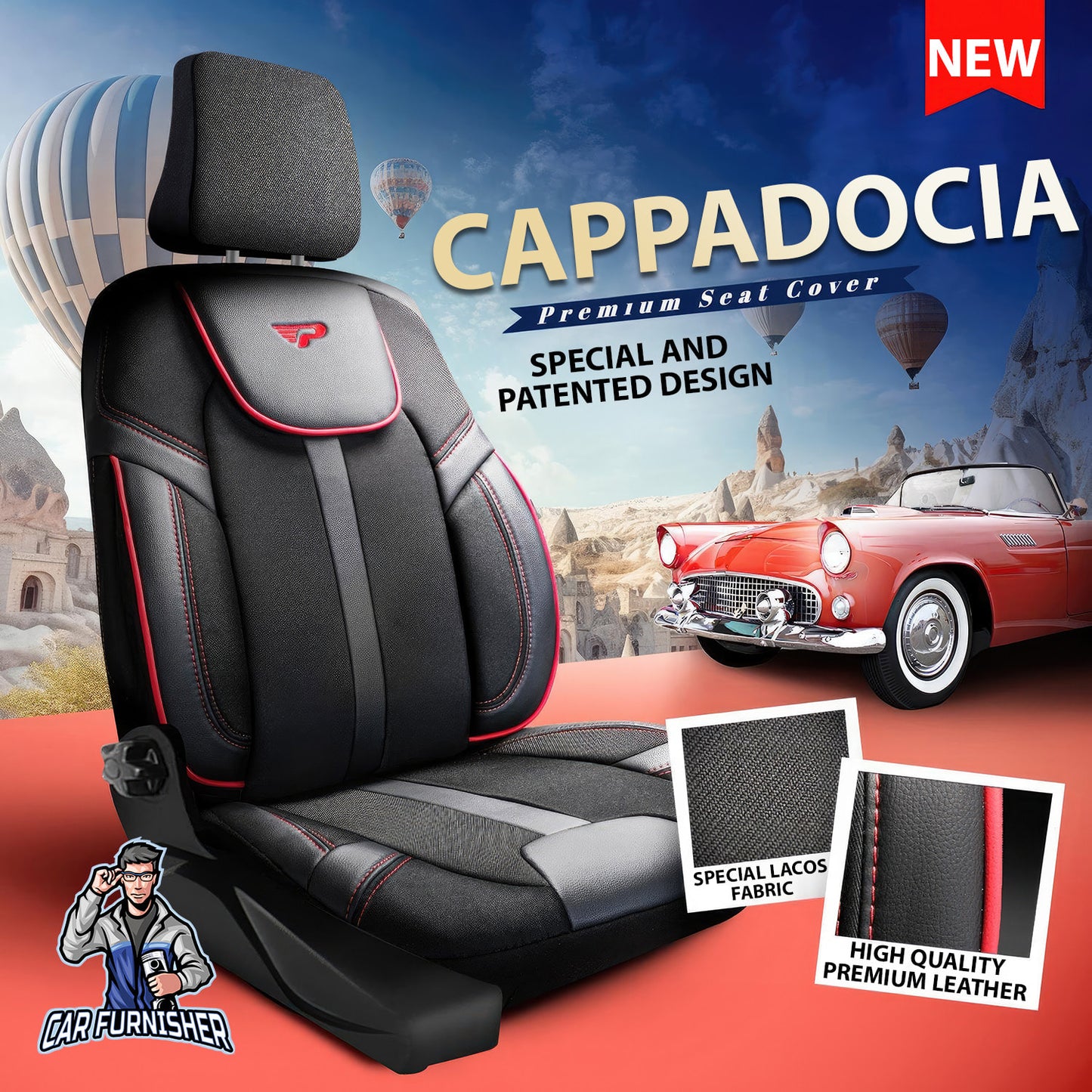 Car Seat Cover Set - Cappadocia Design Red 5 Seats + Headrests (Full Set) Leather & Jacquard Fabric