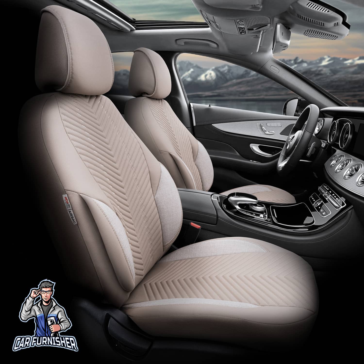 Car Seat Cover Set - Advanced Design Beige 5 Seats + Headrests (Full Set) Leather & Linen Fabric
