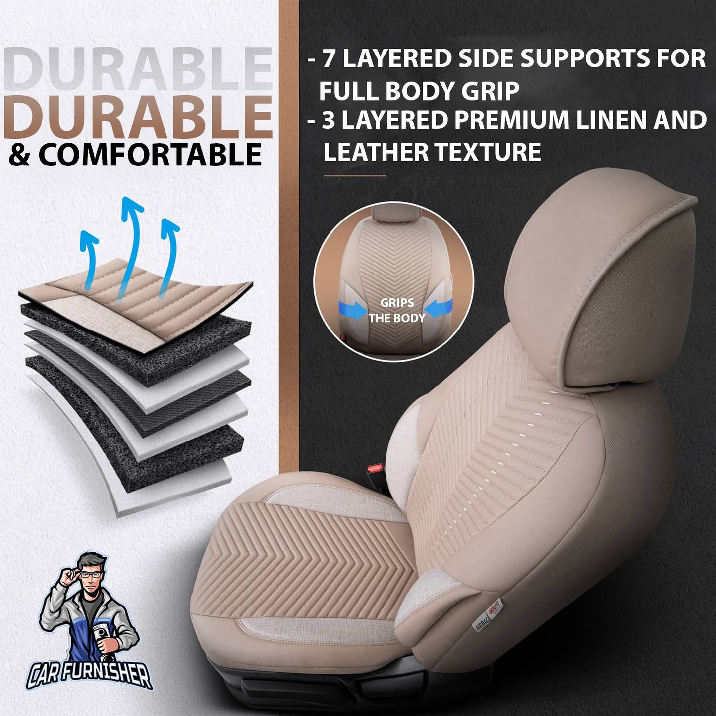 Car Seat Cover Set - Advanced Design Beige 5 Seats + Headrests (Full Set) Leather & Linen Fabric