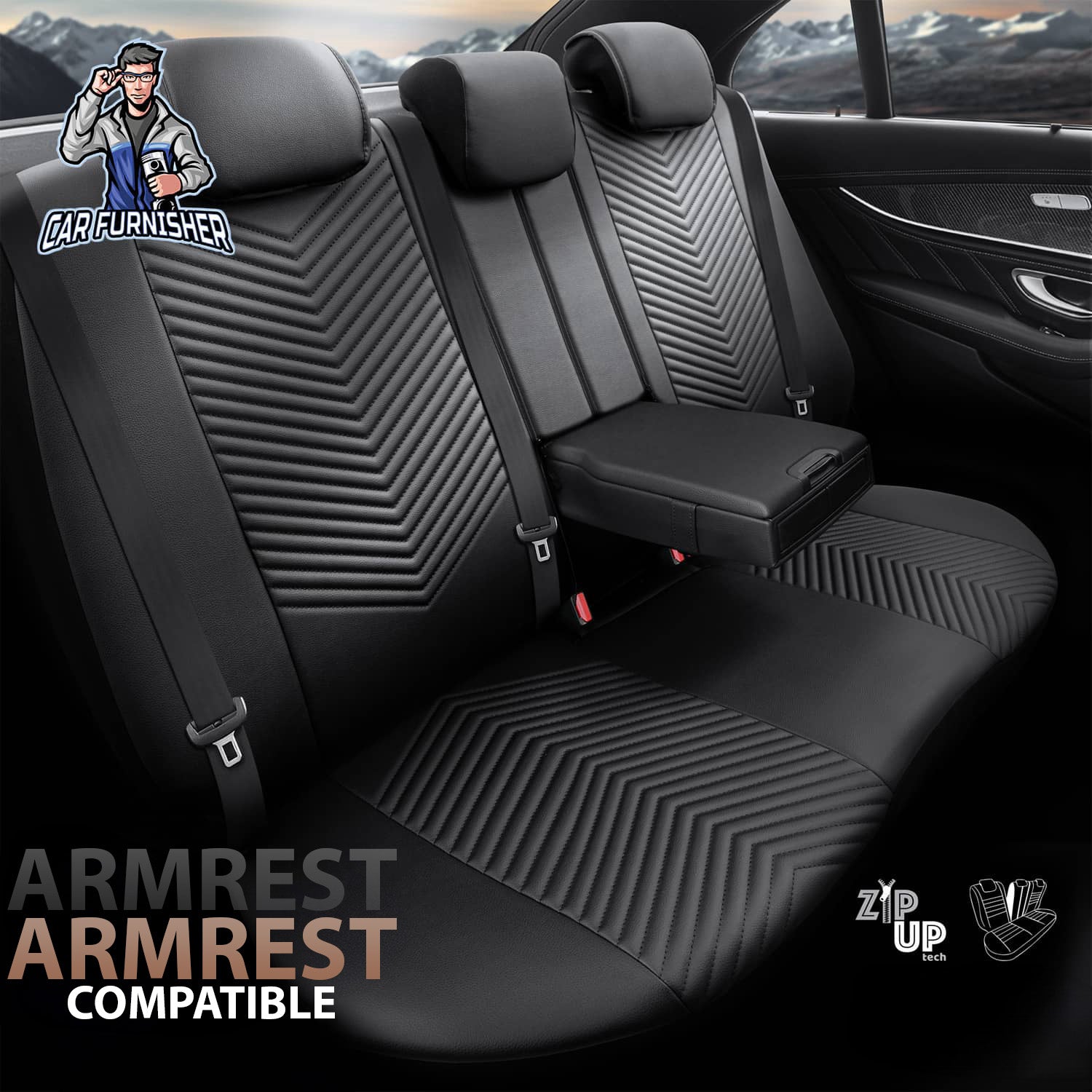 Car Seat Cover Set - Advanced Design Black 5 Seats + Headrests (Full Set) Leather & Linen Fabric