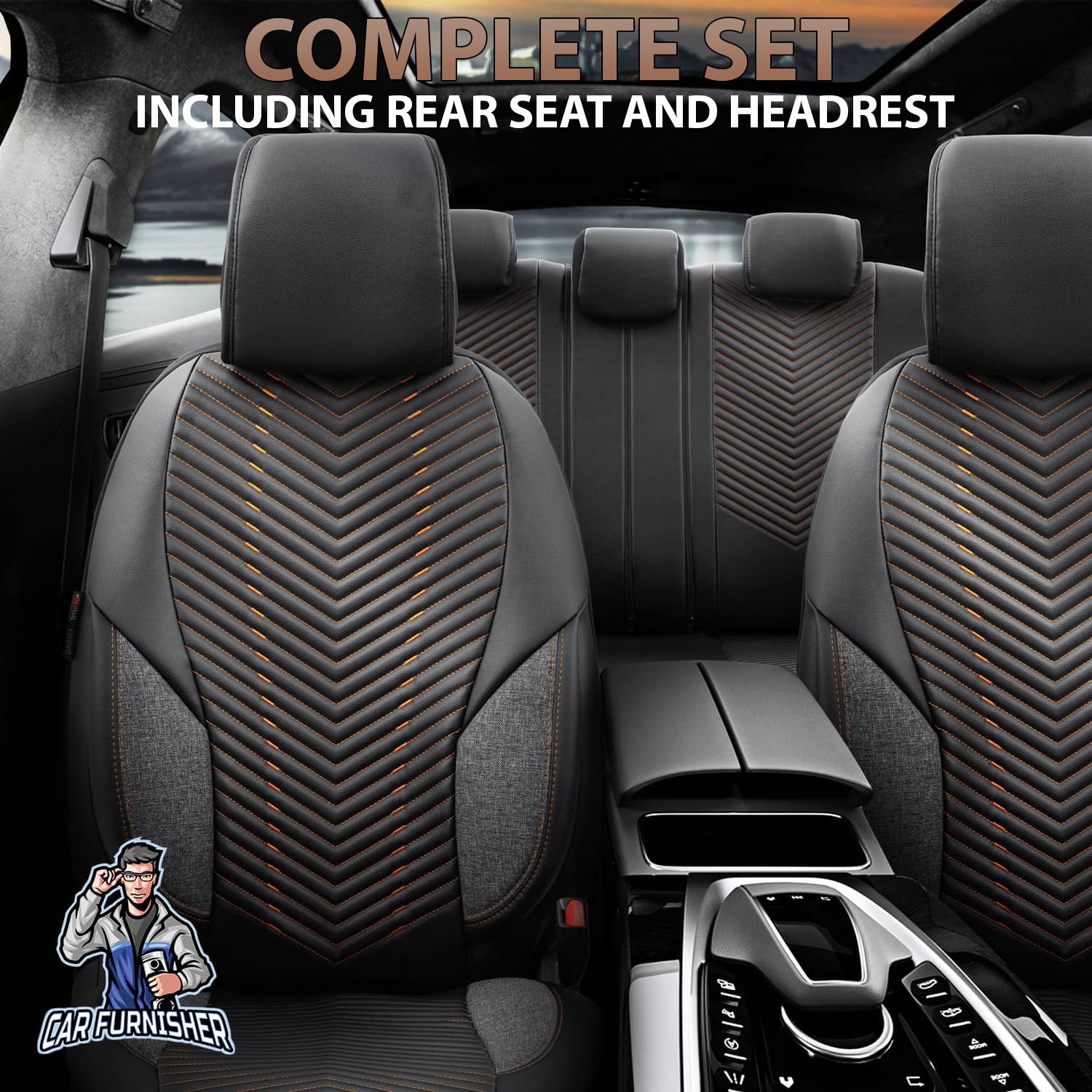 Car Seat Cover Set - Advanced Design Orange 5 Seats + Headrests (Full Set) Leather & Linen Fabric