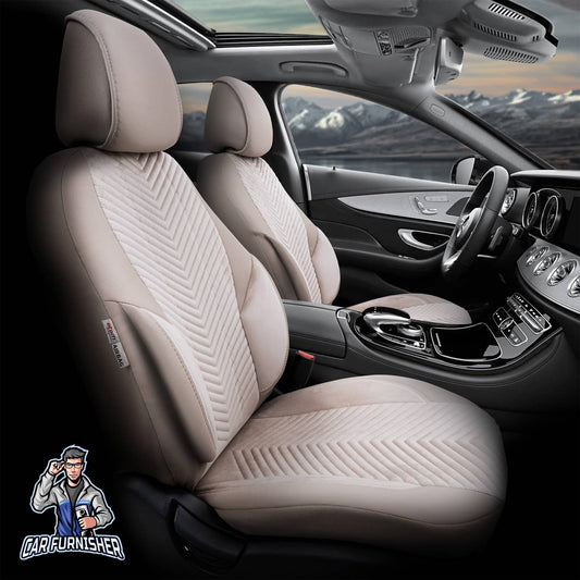 Car Seat Cover Set - Advanced Babyface Design Beige 5 Seats + Headrests (Full Set) Leather & Suede Fabric