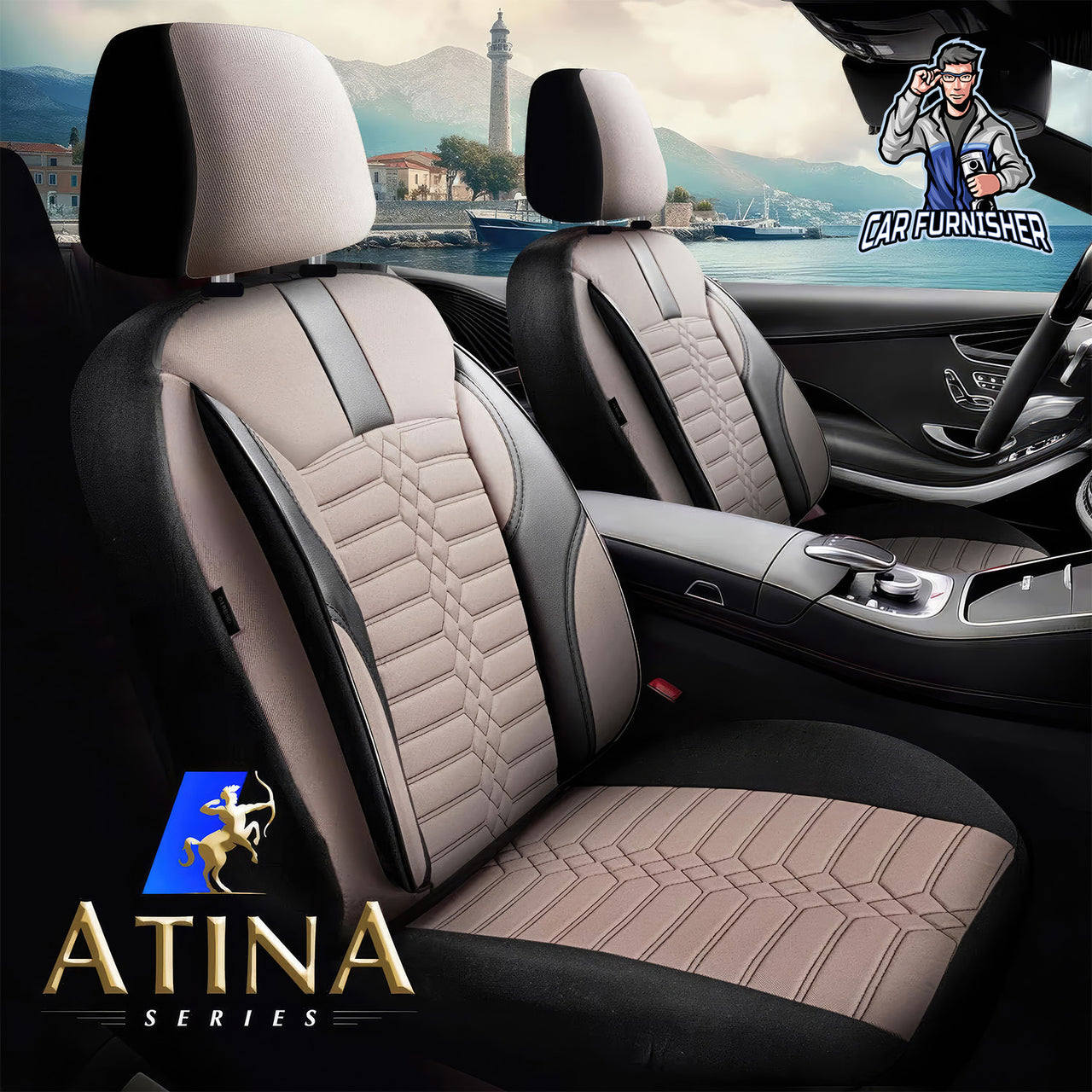 Car Seat Cover Set - Athens Design Beige 5 Seats + Headrests (Full Set) Leather & Jacquard Fabric