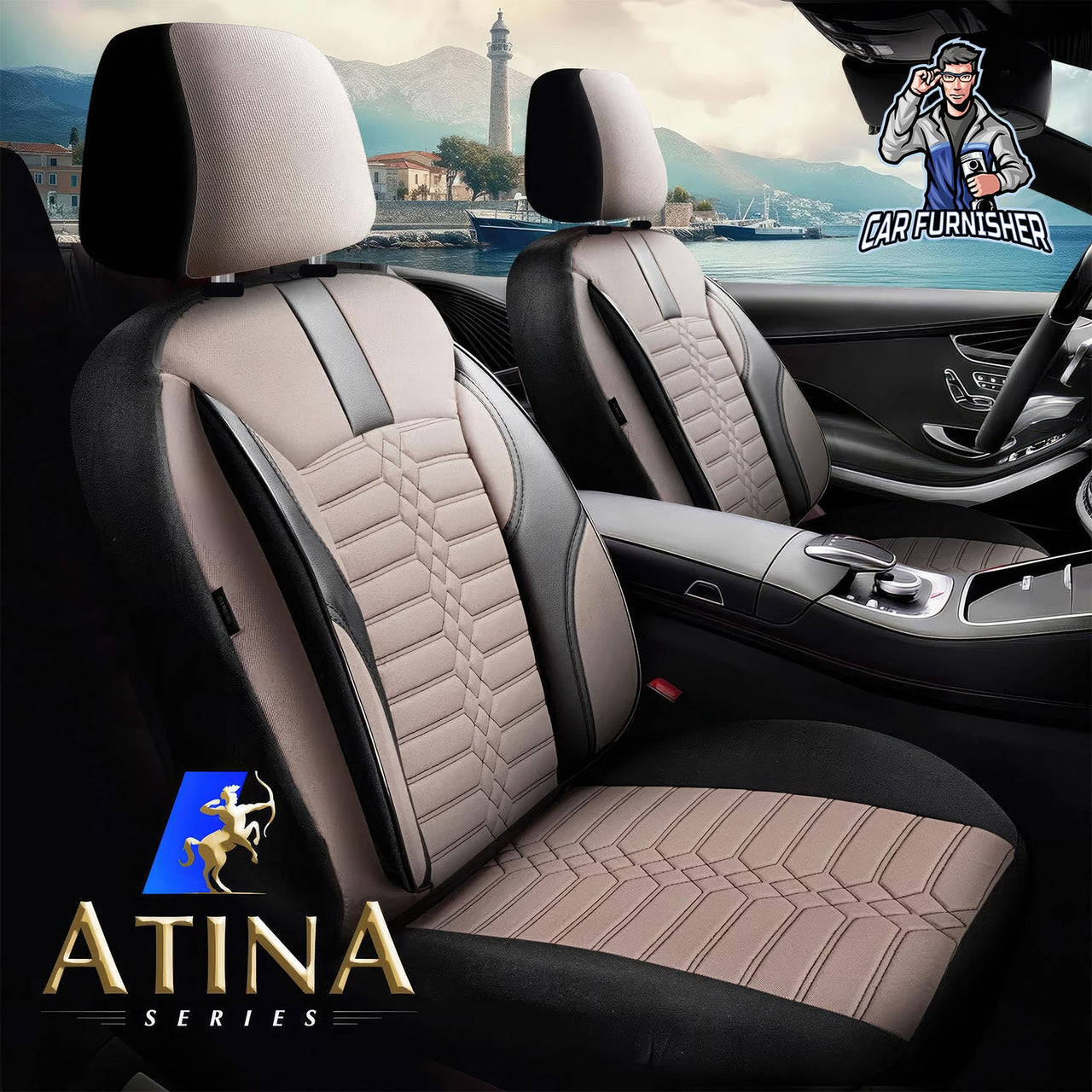 Citroen C4 Seat Covers Athens Design Beige 5 Seats + Headrests (Full Set) Leather & Jacquard Fabric