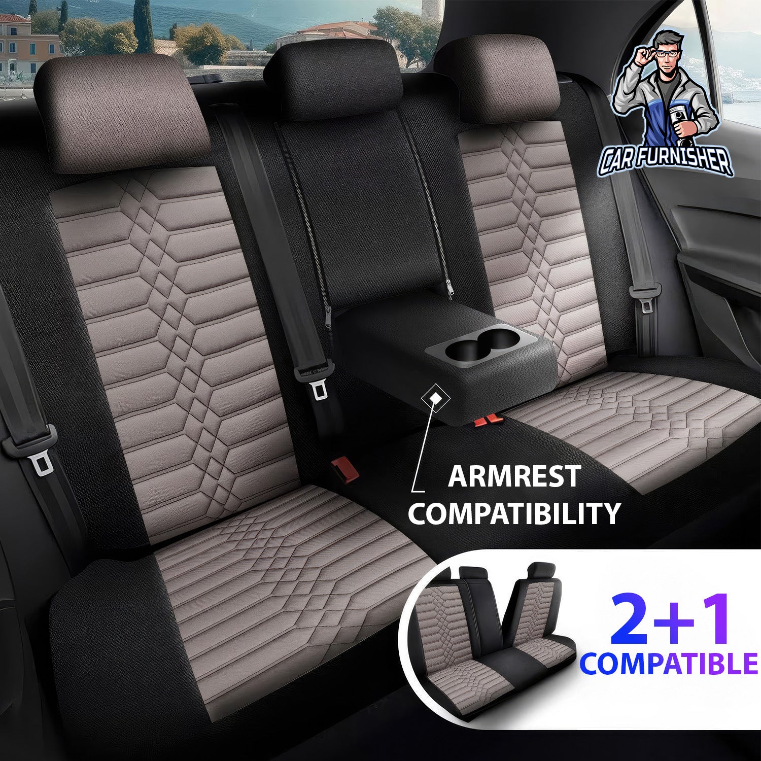 Car Seat Cover Set - Athens Design Beige 5 Seats + Headrests (Full Set) Leather & Jacquard Fabric