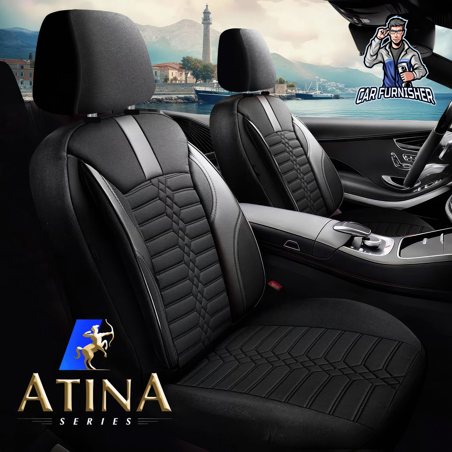 Car Seat Cover Set - Athens Design Black 5 Seats + Headrests (Full Set) Leather & Jacquard Fabric