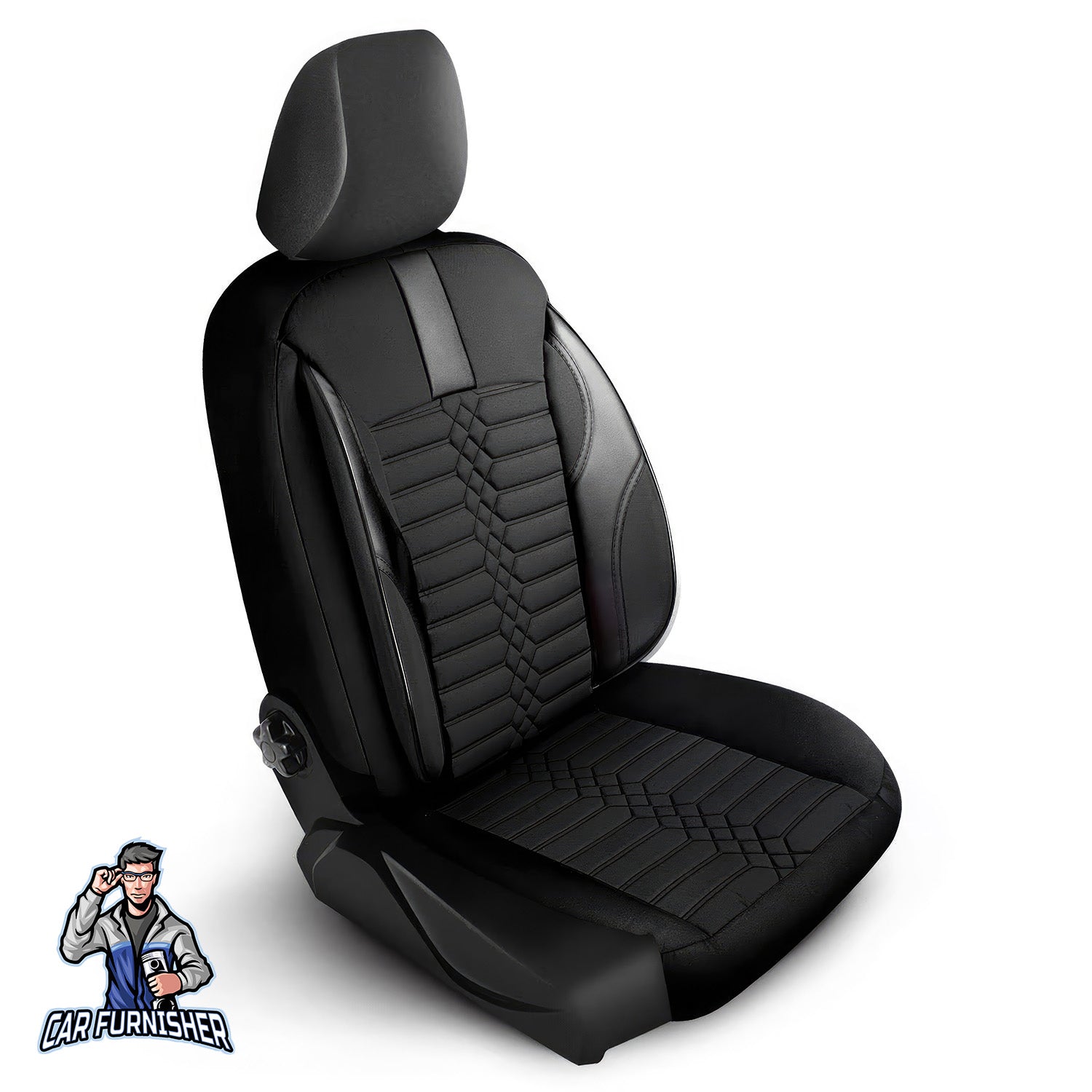 Car Seat Cover Set - Athens Design Black 5 Seats + Headrests (Full Set) Leather & Jacquard Fabric