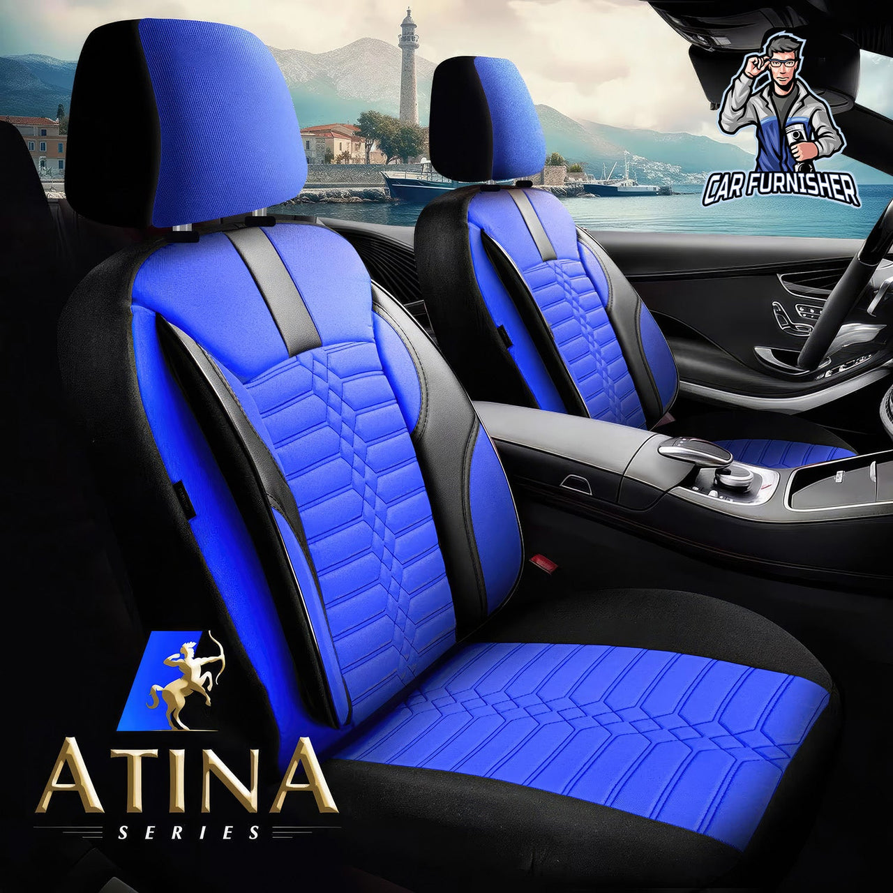 Citroen C4 Seat Covers Athens Design Blue 5 Seats + Headrests (Full Set) Leather & Jacquard Fabric